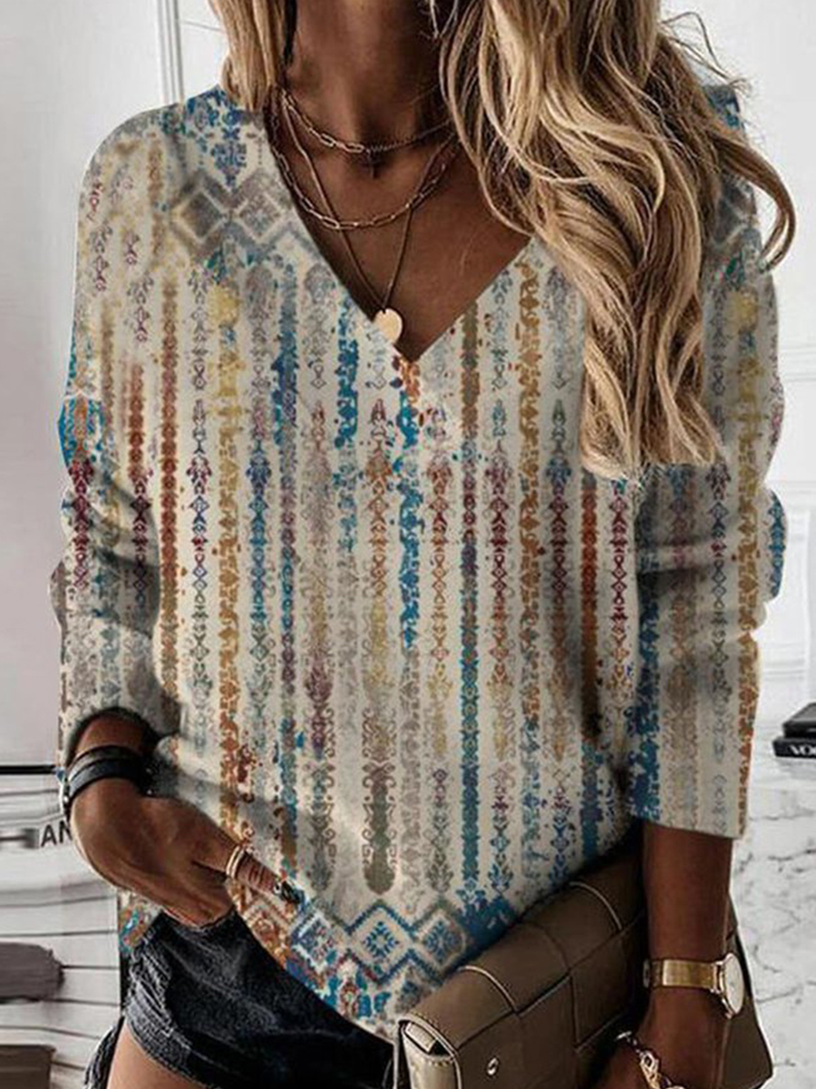 Casual Long Sleeve V Neck Printed T shirt