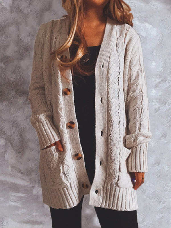 Coarse Twist Pocket Long-sleeved Knitted Cardigan
