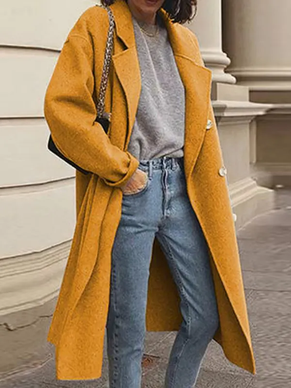 Solid Color Woolen Double-breasted Coat - Funluc.com 