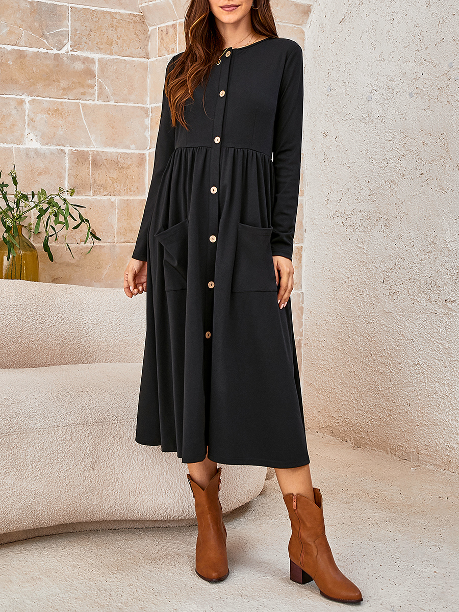 Solid Color Knitted Casual Loose Cake Hem Mid length Dress