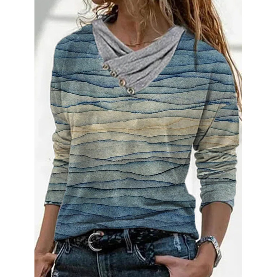

V-neck Floral Print Long-sleeved T-shirt