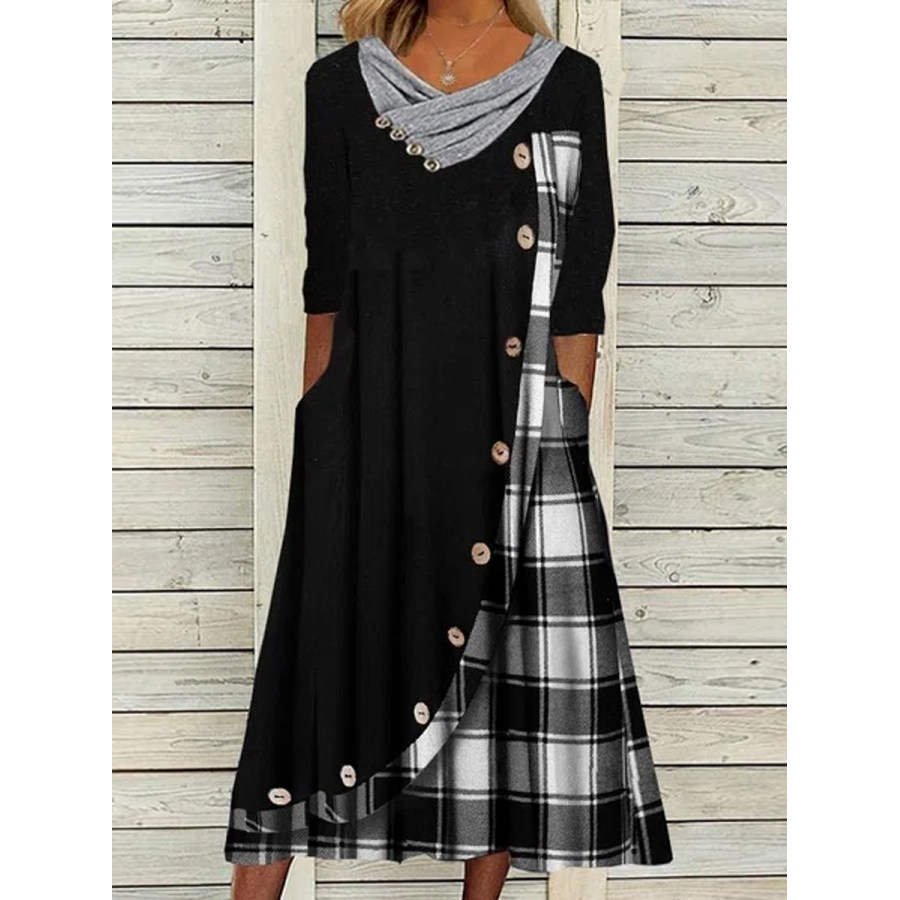 

Casual Plaid Print Cowl Neck Long Sleeves Maxi Dress