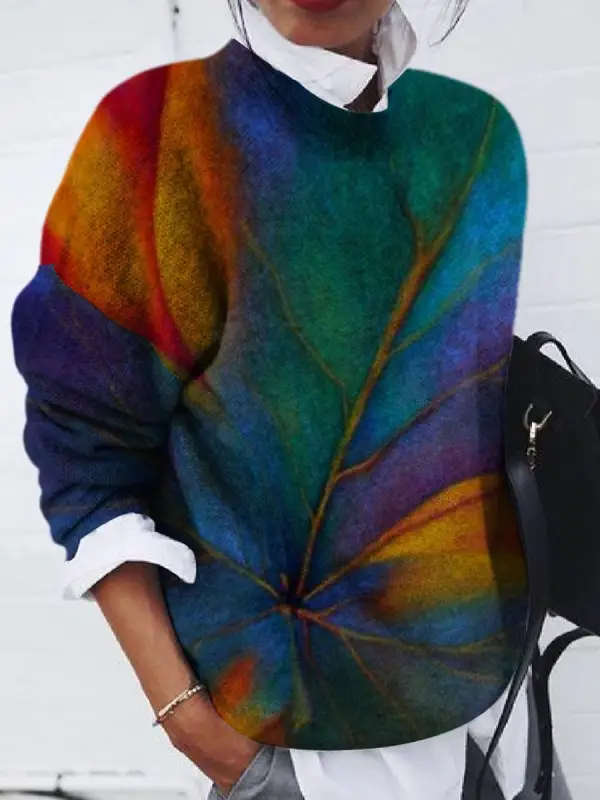 Round Neck Leaf Jacquard Casual Sweater Pullover - Funluc.com 