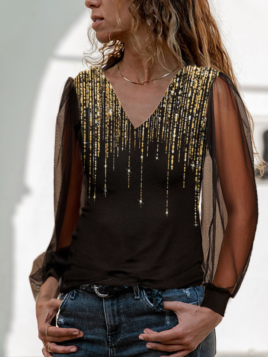 Fashion Sequin Print V neck Mesh Sleeve Top Women