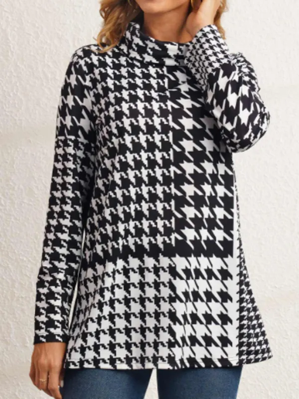 Houndstooth Print Casual Long-sleeved T-shirt - Funluc.com 