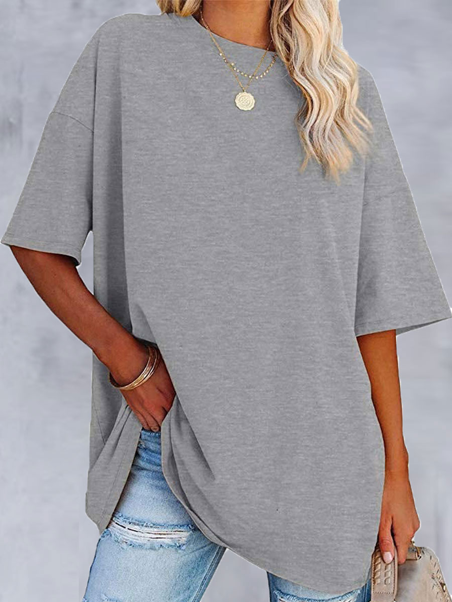 Round Neck Casual Loose Solid Color Short sleeved T shirt