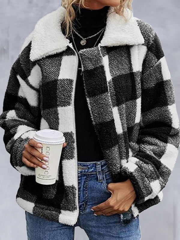 Loose Casual Check Lamb Wool Zipper Cardigan Coat