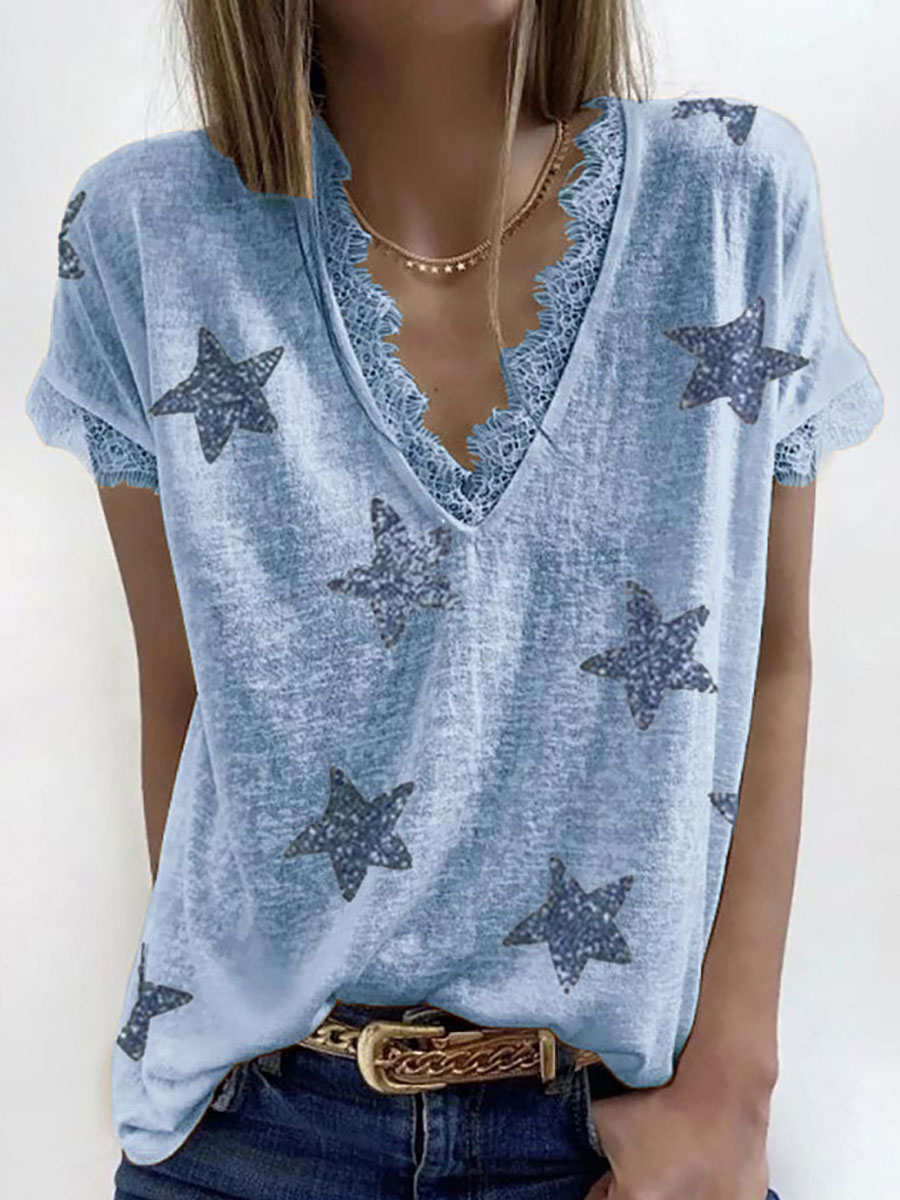 V neck Star Print Lace Stitching Loose Short sleeved T shirt