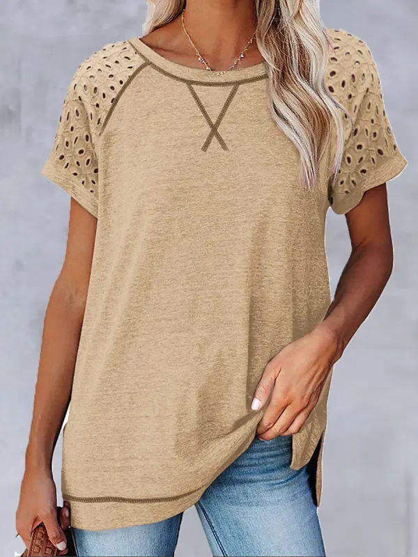 Round Neck Casual Loose Hollow Stitching Short-sleeved T-shirt - Oasisjoy.com 