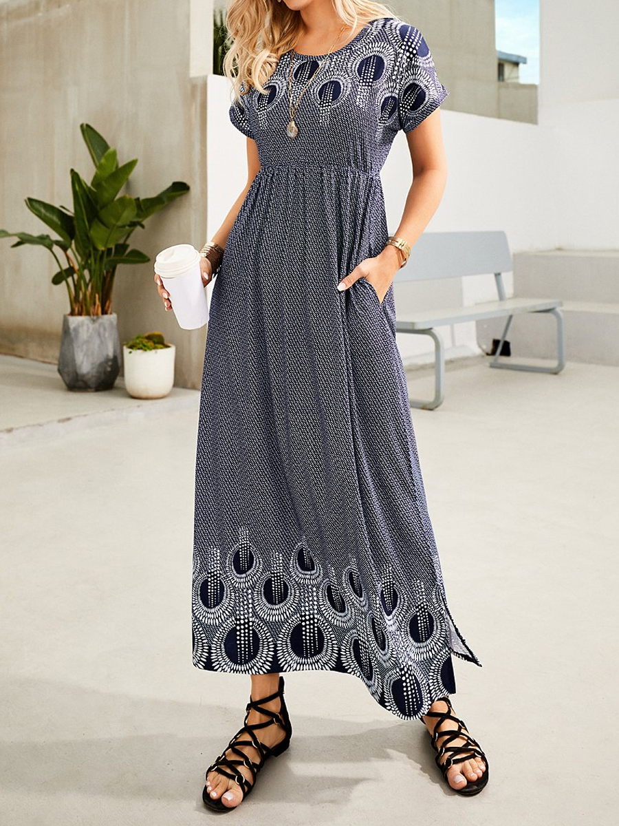 Navy White Geometric Slit Side Empire Waist Maxi Dress