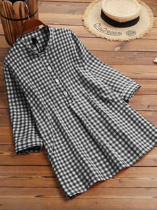 Vintage Button Plaid 3/4 Sleeve Shirt