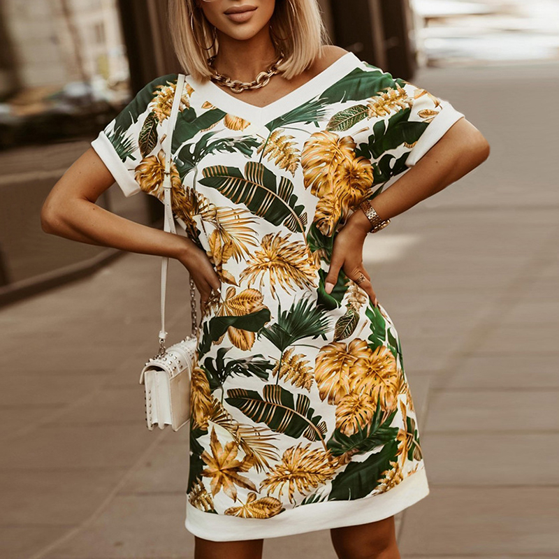 Printed Loose Short Sleeve V Neck Dress