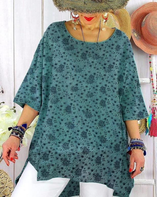 Vintage Print Cotton And Linen 3/4 Sleeve Shirt