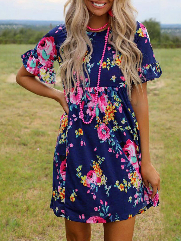 Floral Print Crewneck Pullover Dress