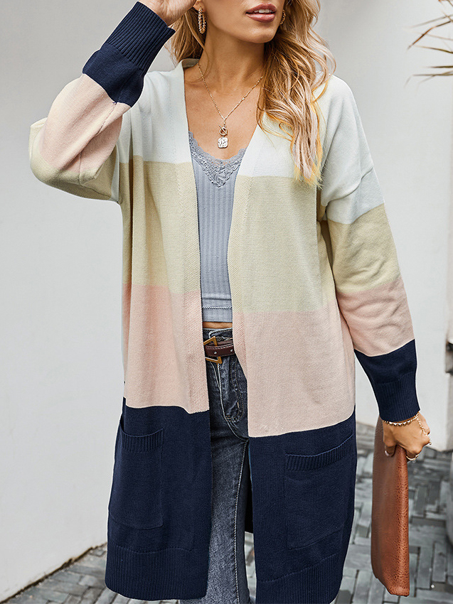 Winter Temperament Commuter Slimming Slim Knitted V neck Contrast Color Cardigan