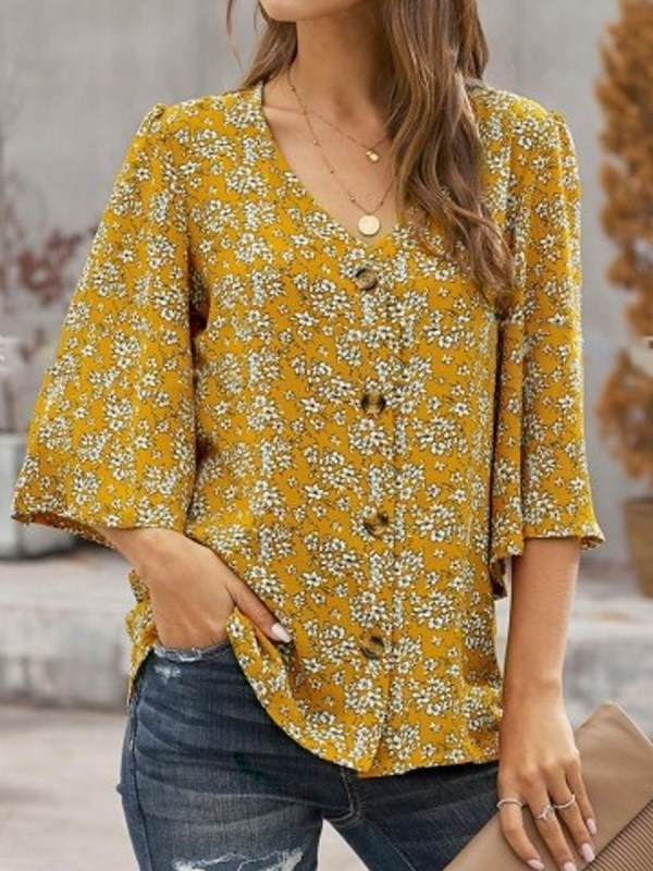 Loose Casual Floral Print V-Neck Three-quarter Sleeve Shirt