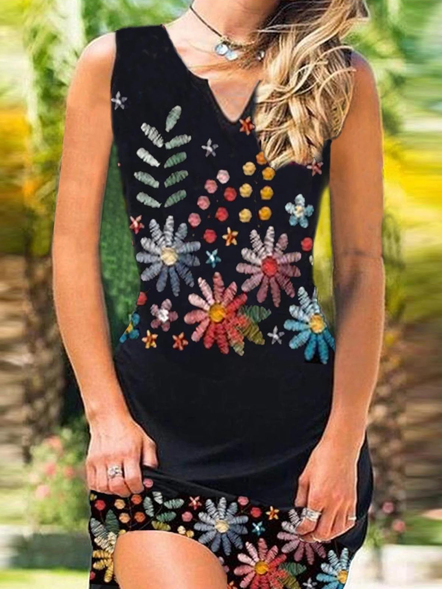 Sleeveless V Neck Print Tank Dress