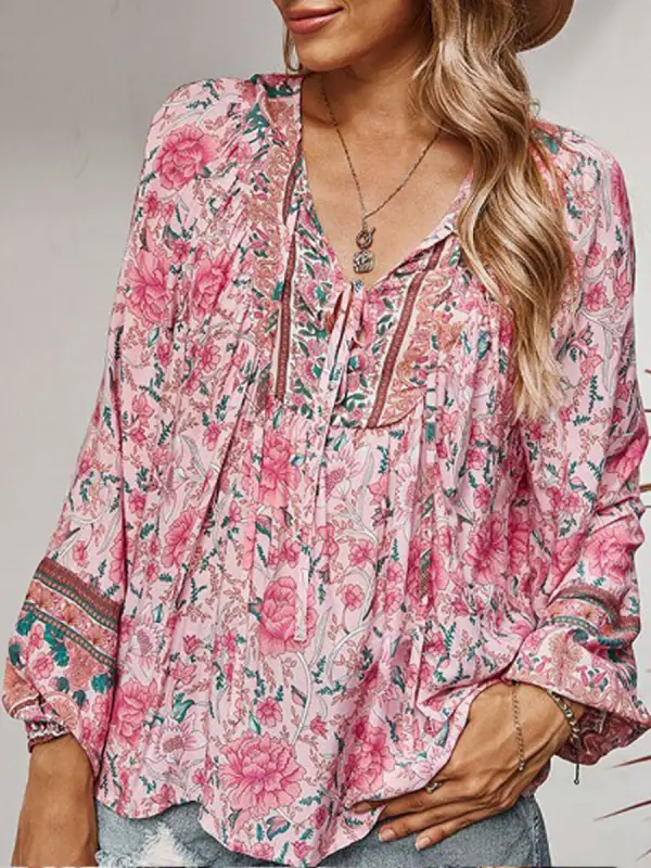 V-neck Floral Print Lace-up Loose Casual Long Sleeve Blouse Only $25.99 ...