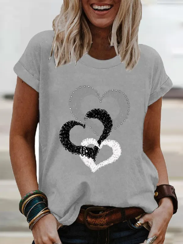 Ladies Love Print Round Neck Short Sleeve T-shirt - Oasisjoy.com 