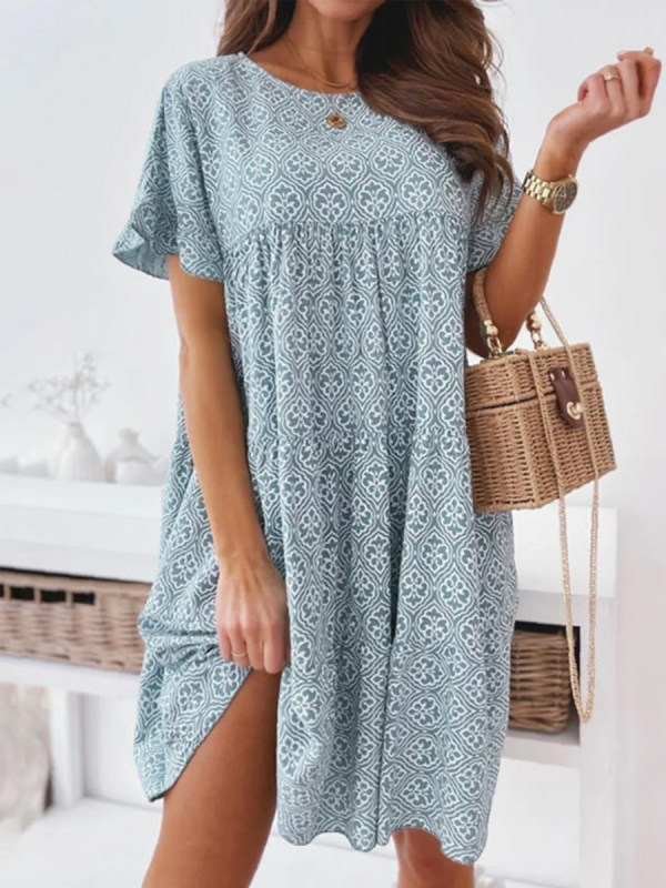 Casual Floral Print Short Sleeves Crew Neck Midi Dress