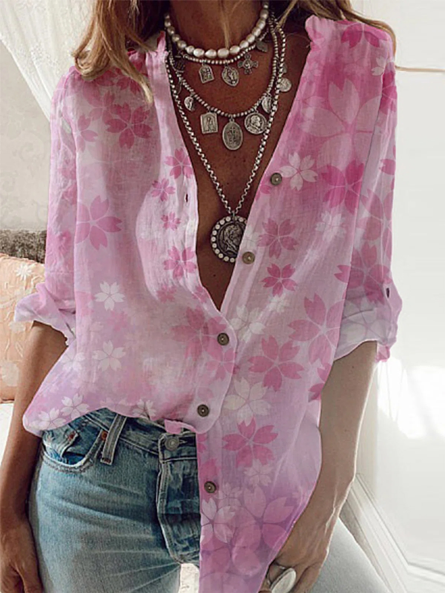 Casual Sakura Print Lapel Long Sleeves Shirt