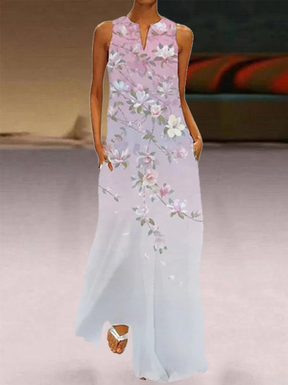 Casual Floral Print V-Neck Sleeveless Maxi Dress