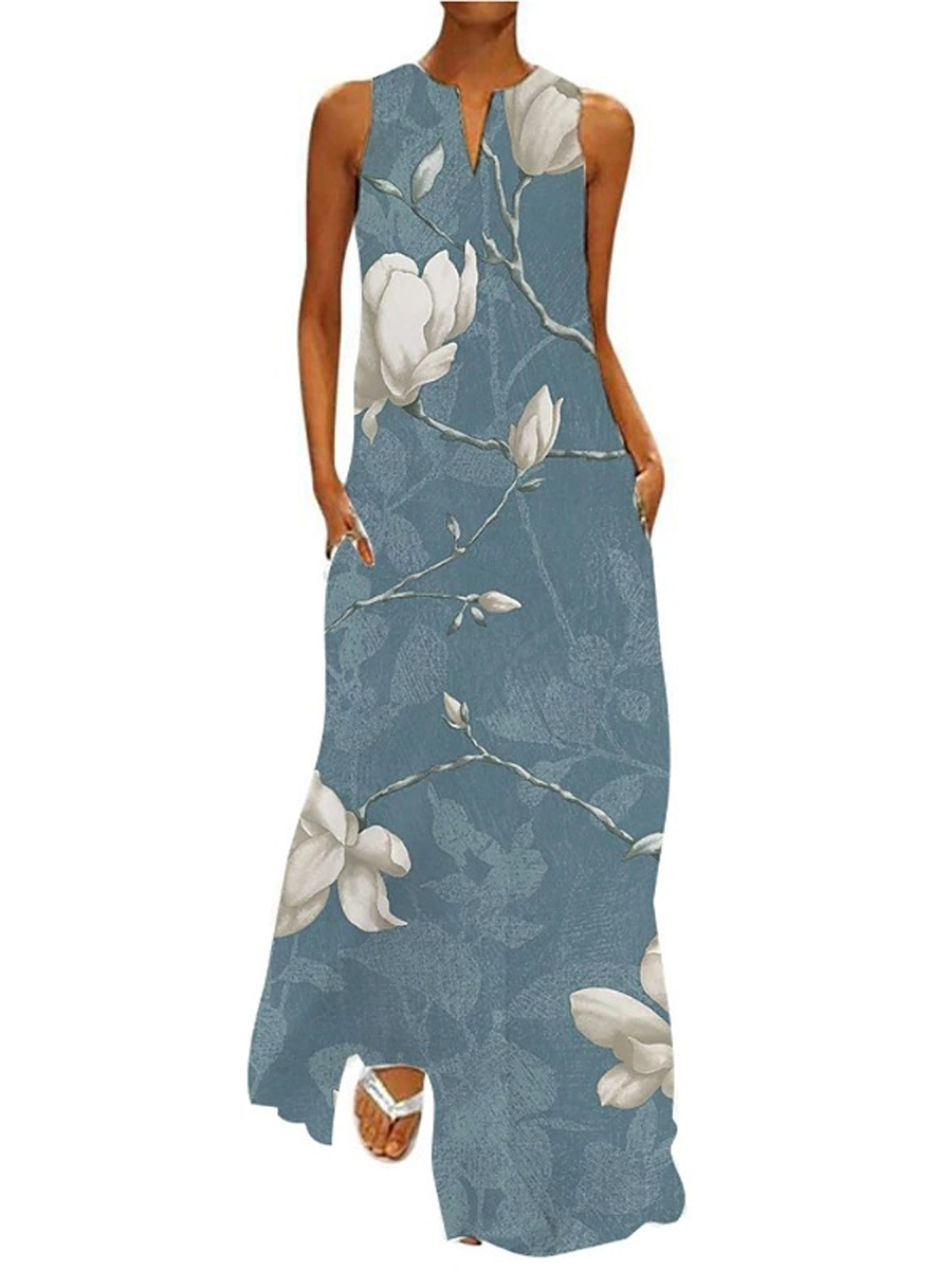 Casual Floral Print V Neck Sleeveless Maxi Dress