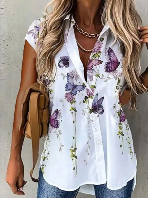 Casual Loose Butterfly Print Short Sleeve Blouse - Ininrubyclub.com 