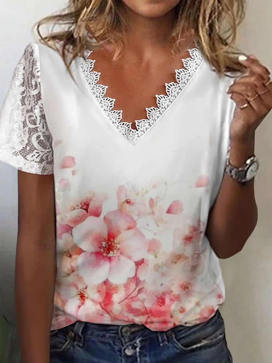 Casual Sakura Print Lace V Neck Short Sleeve T Shirt