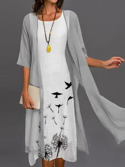 Casual Dandelion Print Short Sleeves Crew Neck Fake Two Piece Midi Dress