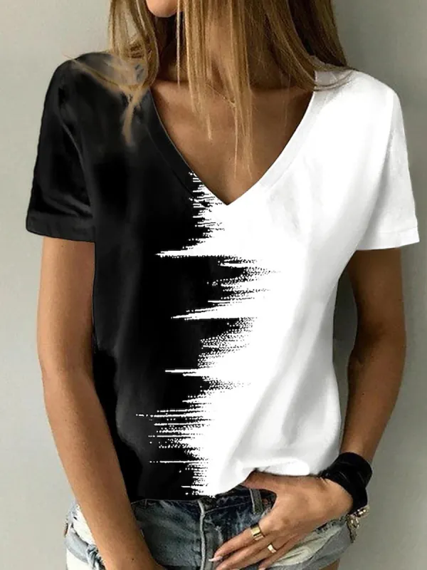 Printed V-Neck Short Sleeve T-Shirt - Minicousa.com 
