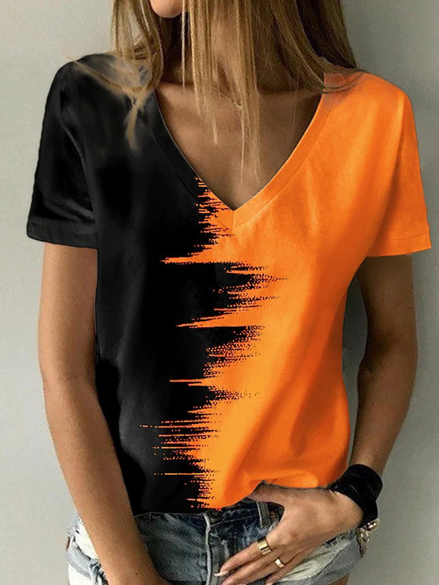 Printed V Neck Short Sleeve T Shirt