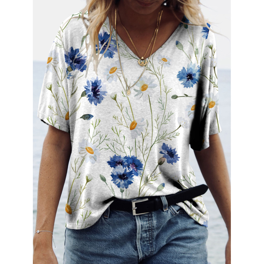 

Casual Loose Floral Print V-Neck Short Sleeve T-Shirt