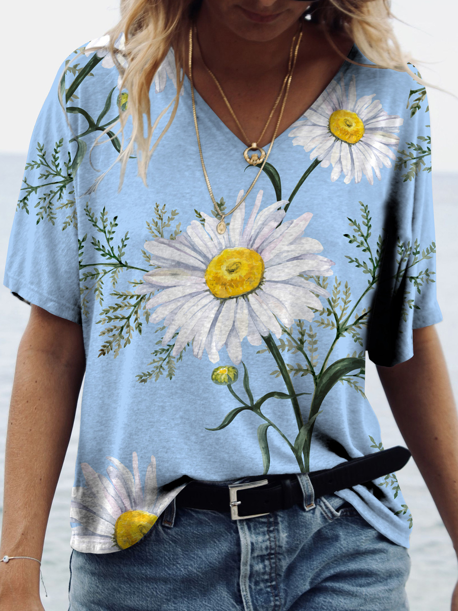 Casual Loose Floral Print Chic V-neck Short Sleeve T-shirt