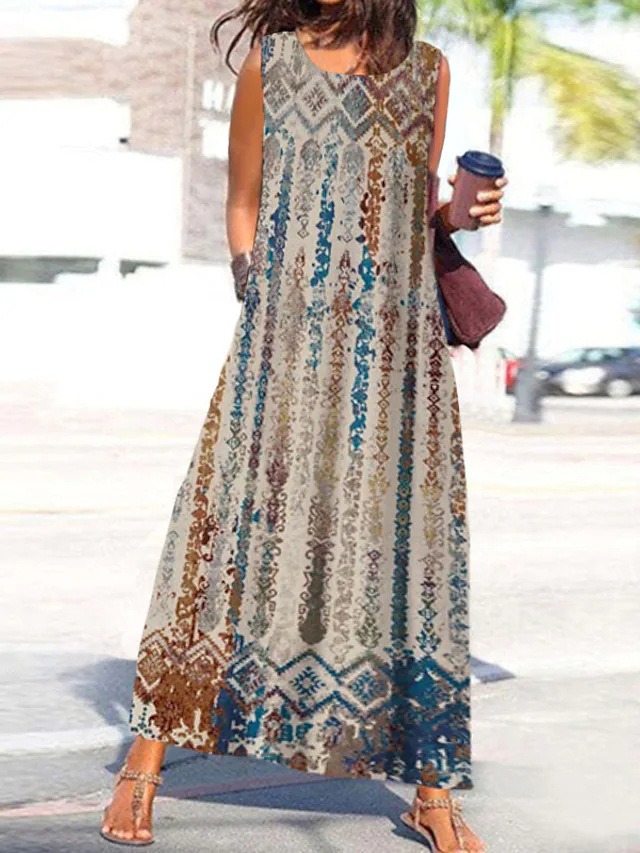 Round Neck Casual Loose Vintage Print Sleeveless Maxi Dress
