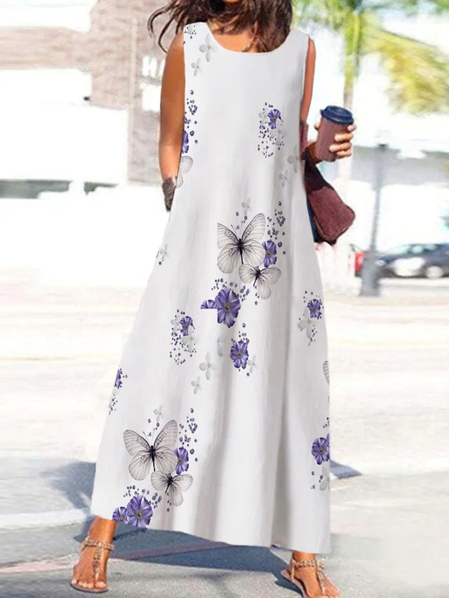 Round Neck Casual Loose Floral Print Sleeveless Maxi Dress
