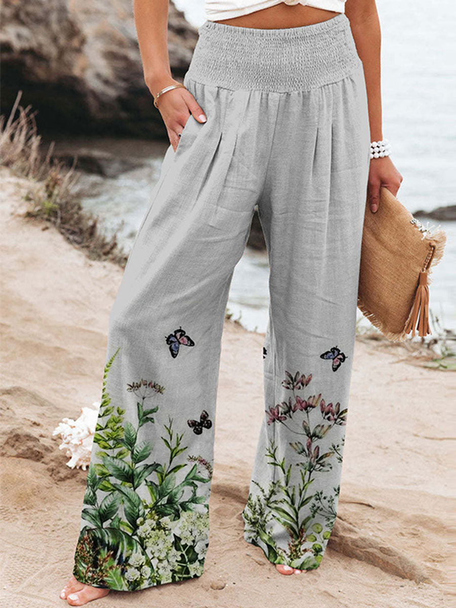 Loose Casual Floral Print Elastic Waist Pants