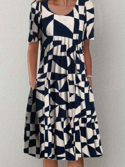 Round Neck Casual Loose Geometric Print Short Sleeve Midi Dress