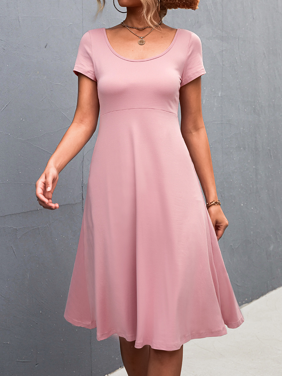 Casual Solid Color Crew Neck Short Sleeve Midi Dress