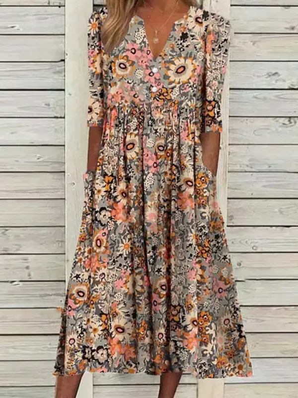 V-neck Casual Loose Floral Print Summer Short Sleeve Midi Dress ...