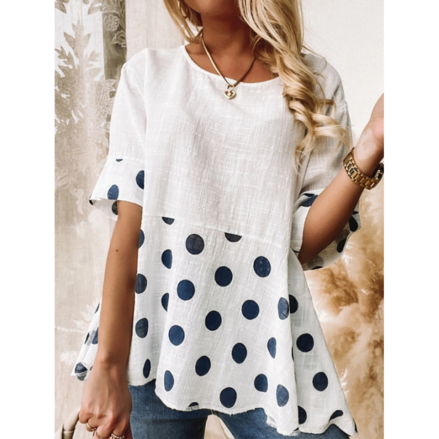 

Vintage Polka Dot Print Crew Neck Short Sleeves Blouse