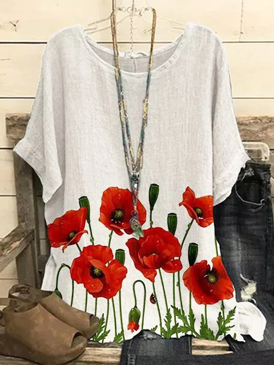 Casual Floral Print Crew-neck Chic Short Sleeve Blouse