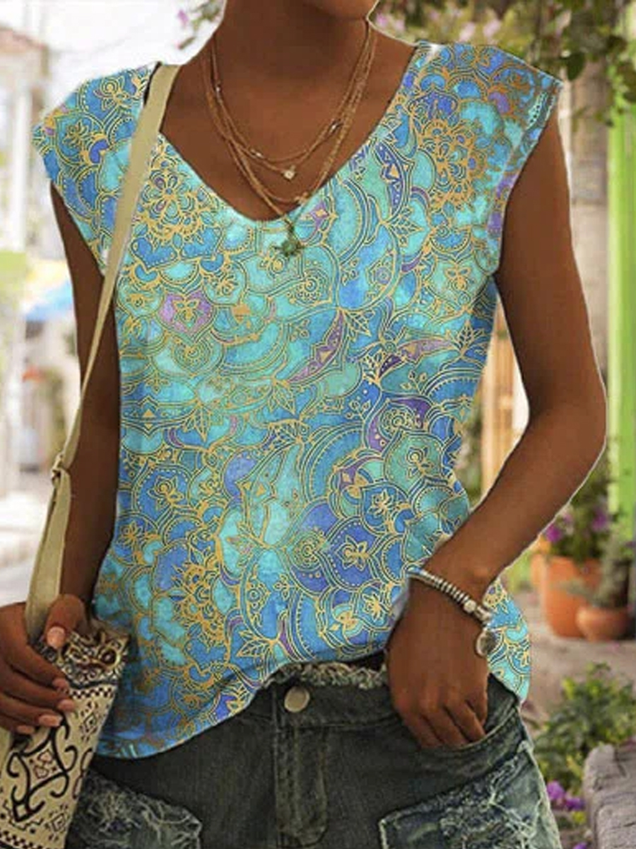 Vintage Print V Neck Short Sleeve T Shirt