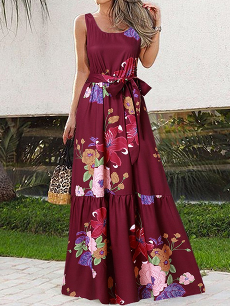 Summer Floral Print Casual Maxi Dress With Belt