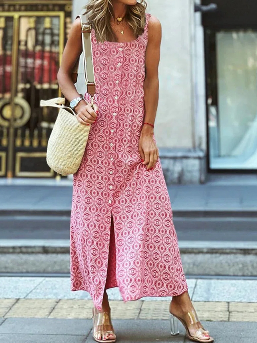 Vintage Print Sleeveless Crew Neck Maxi Dress
