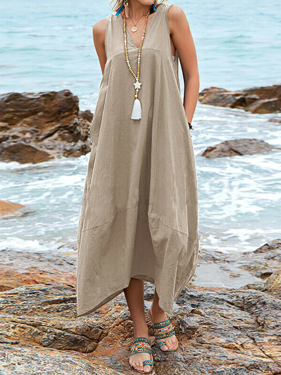 Casual Cotton And Linen V Neck Pocket Sleeveless Dress
