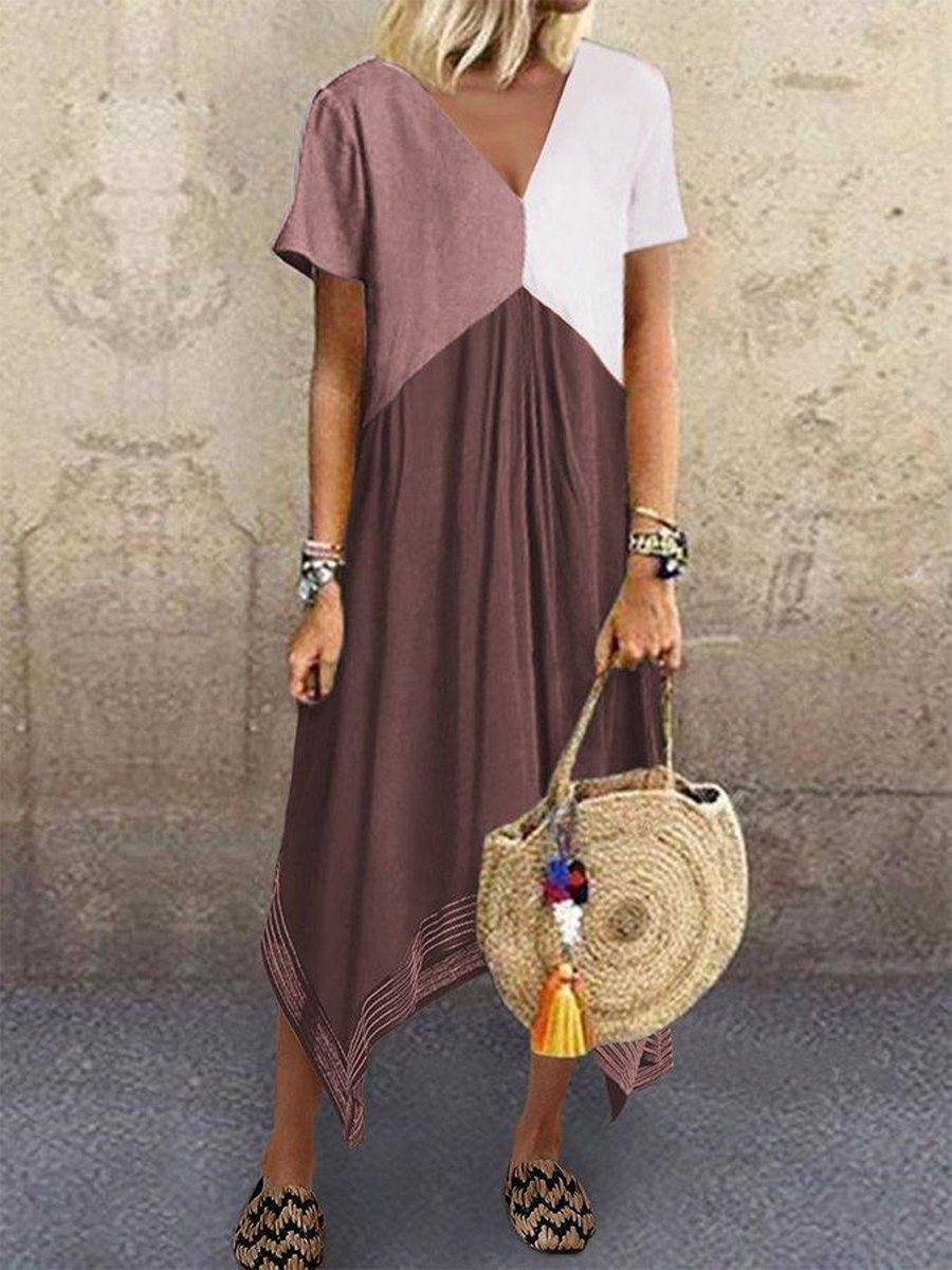 Casual Colorblock V Neck Short Sleeve Irregular Hem Midi Dress