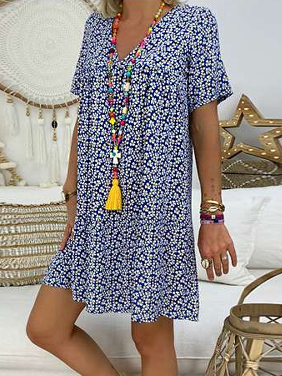 Casual Floral Print V Neck Short Sleeve Short Dress