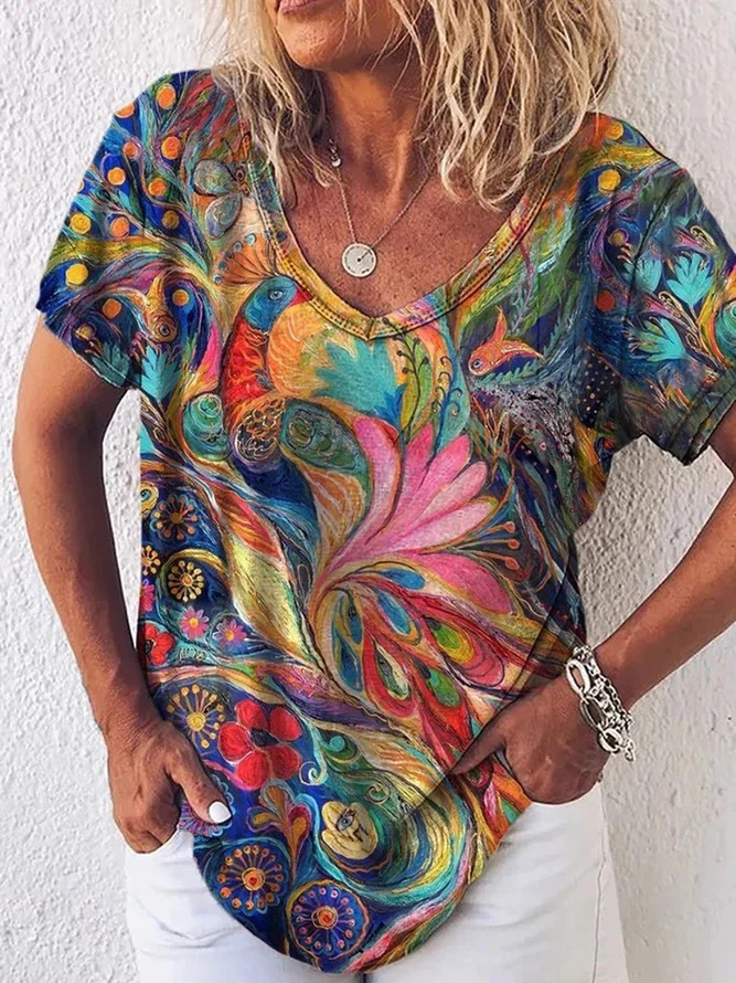 Women's V Neck Abstract Print Cotton Blend Short Sleeve Casual T Shirts