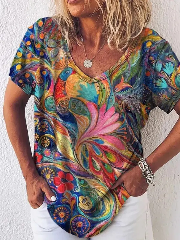 Women's V Neck Abstract Print Cotton Blend Short Sleeve Casual T-Shirts - Oasisjoy.com 